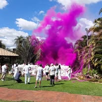 Chá revelação com fumaça colorida no gramado do sítio